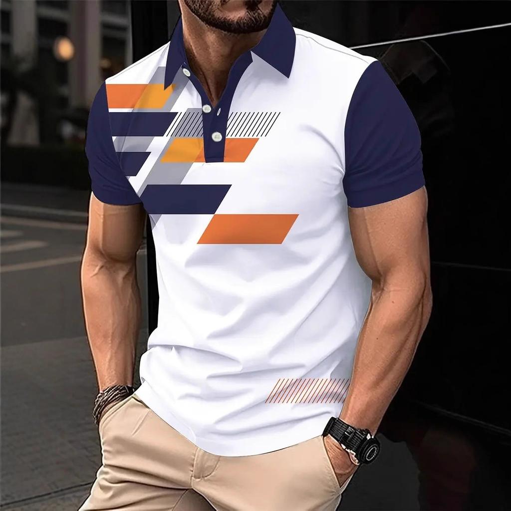 Casual Essential! Geometric Print Short Sleeve Polo Shirt for Men
