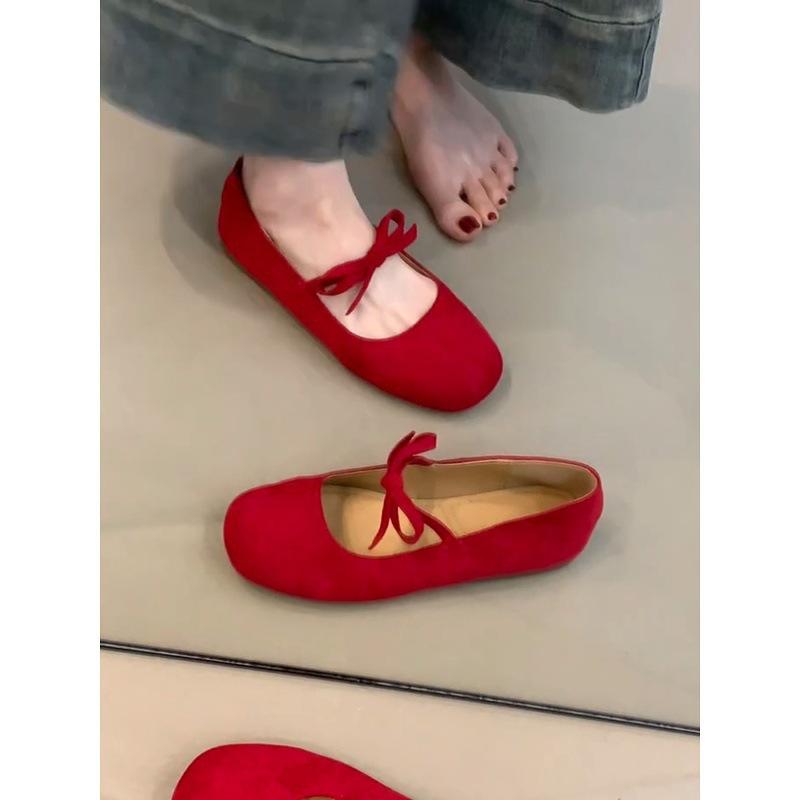 Bow ballet shoes women's word with round head Mary Jane shoes French light mouth small single shoes