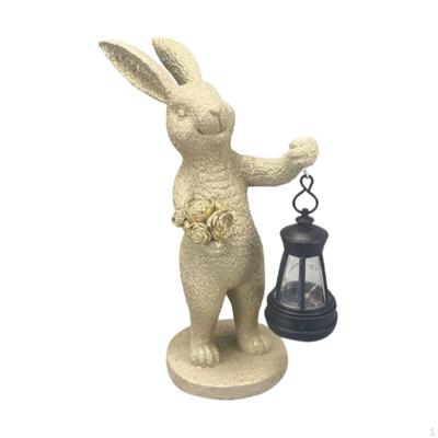 Bunny Statue with Solar Lantern Resin StoneLook Garden Ornament for Gardeners, Homeowners,
