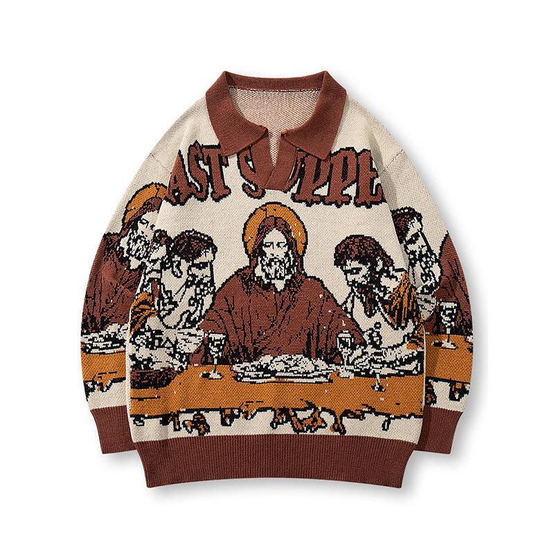 Retro Men s Jacquard Turn-Down Collar Sweater | European & American Style Casual Knitted Sweater M