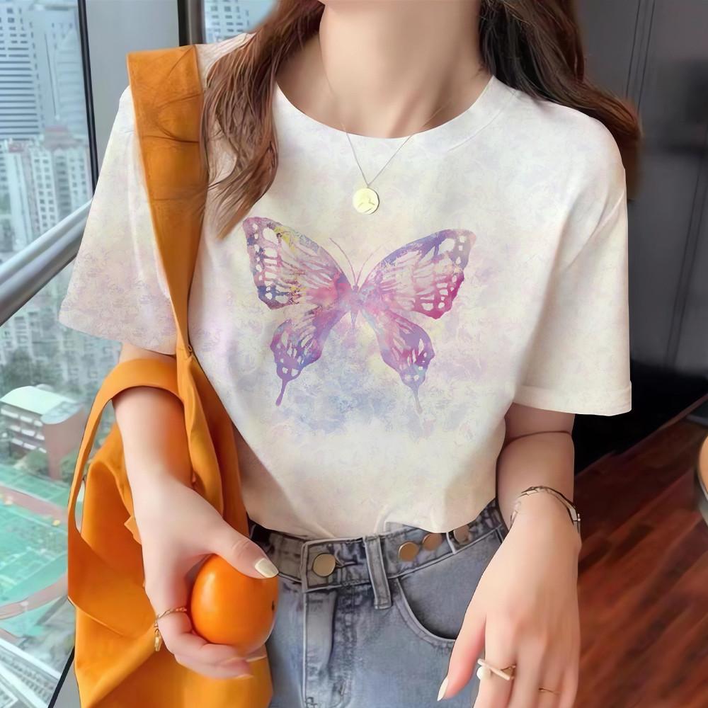 Printed 3D butterfly print women's round neck short sleeved T-shirt casual fashion top