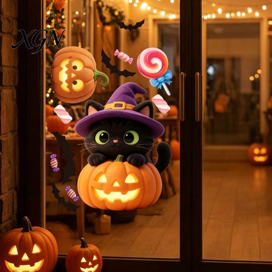 Removable Halloween Decorations Pumpkin Window Clings, Cartoon Cat Static Sticker, Jack O Lantern Stickers PVC Decals for Party Home Decoration