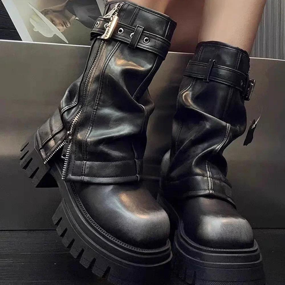 Fashion Brand Desinger Knight Women Mid Calf Boots Chunky High Heeled Platform Punk Motorcycle Long Booties Goth Street Shoes For Women