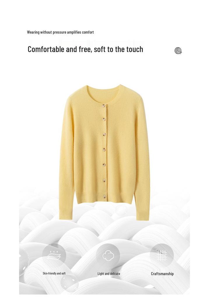 Women's 100% Pure Cashmere Round Neck Cardigan - Autumn/Winter Fashion Long Sleeve Knit Sweater Coat