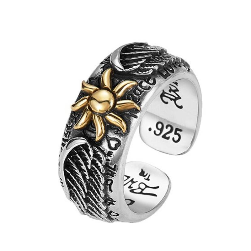 925 Thai Silver Sunflower Wing Ring Men's Retro Personality Open Ring Niche Design Graffiti Single Ring