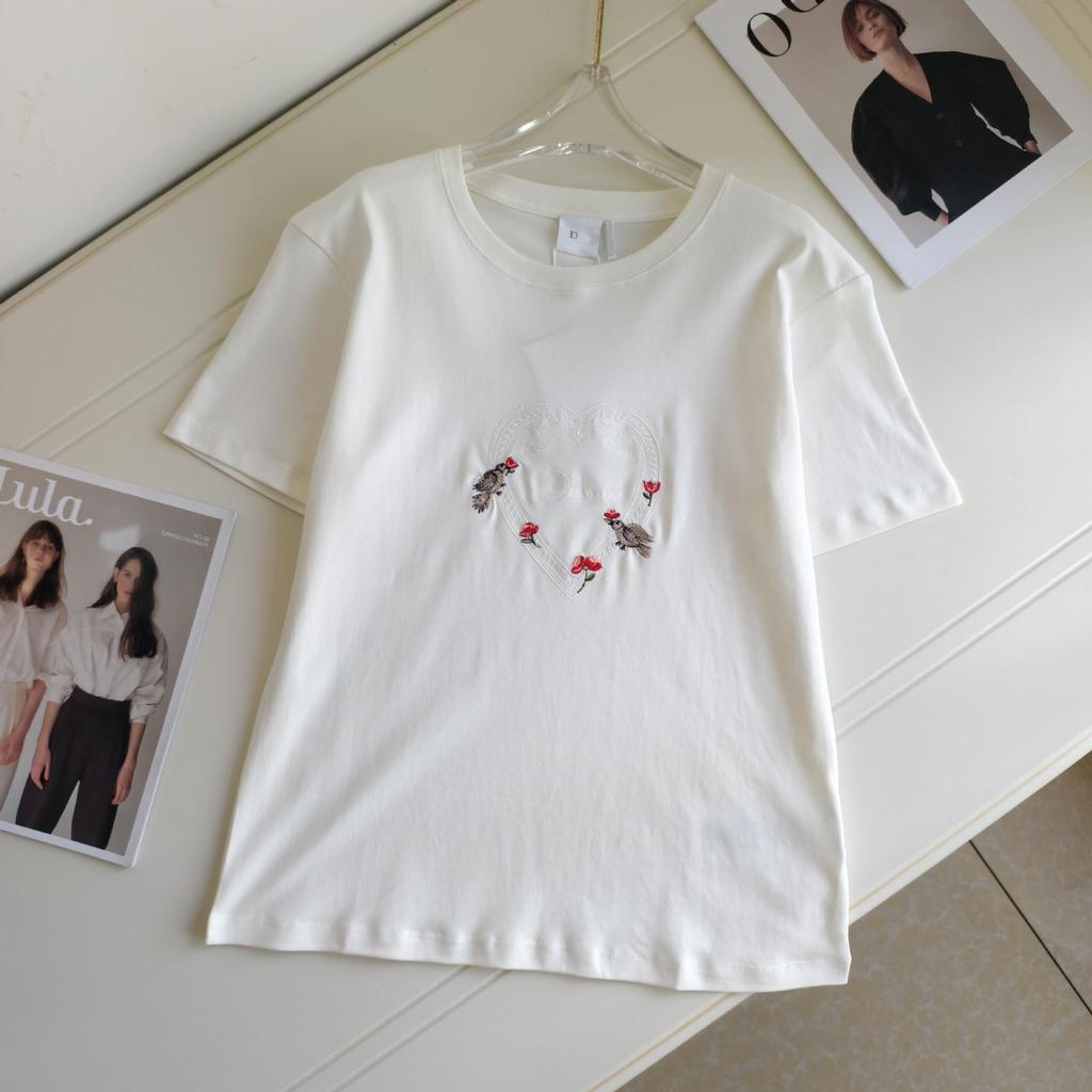High-Quality Letter Heart Flower Embroidered Round Neck Casual Short Sleeve Top