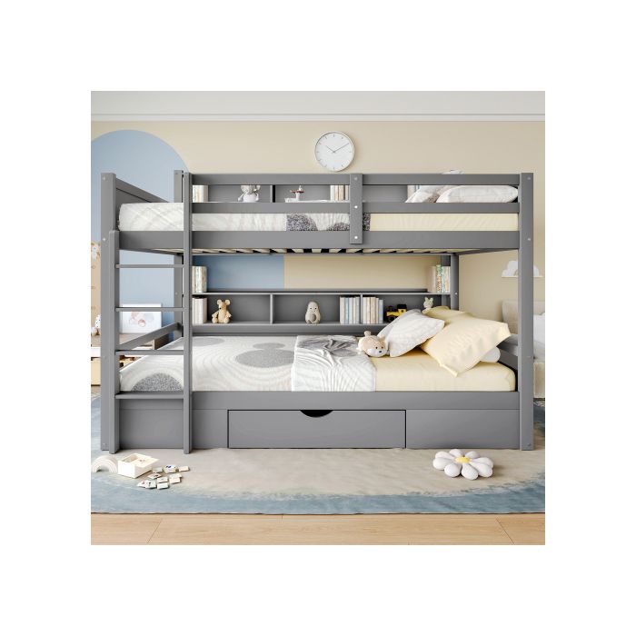 Lit Superposé - MUVOE - 90x200cm - Gris - Avec Tiroirs - Sécurisé Pour Enfants