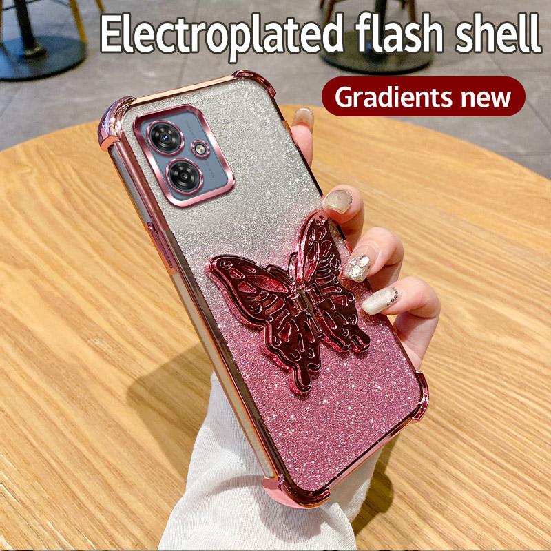 Luxury Plating Shockproof Butterfly Holder Phone Case For Motorola Moto G84 G54 G82 5G G52 G71S G10 G20 G30 Glitter Soft Cover