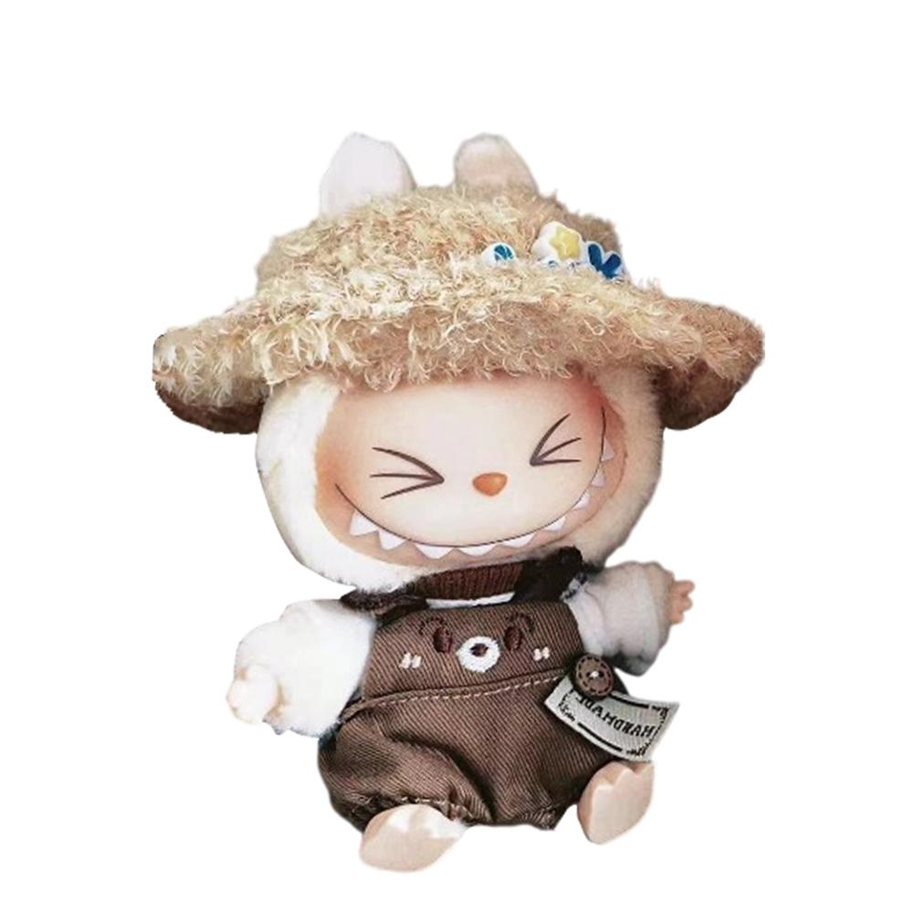 Mini Plush Doll Overall Decorative Kawaii Doll Clothes DIY Cute Plushies Outfit with Hat Cartoon Animal Toy Dress for Home Decor