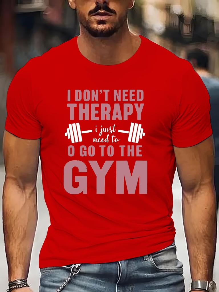 Unisex Black Tee Therapy Gym Dumbbell Funny Quote Text Graphic Print Crew Neck Short Sleeve Summer Casual Male Cotton Street Top