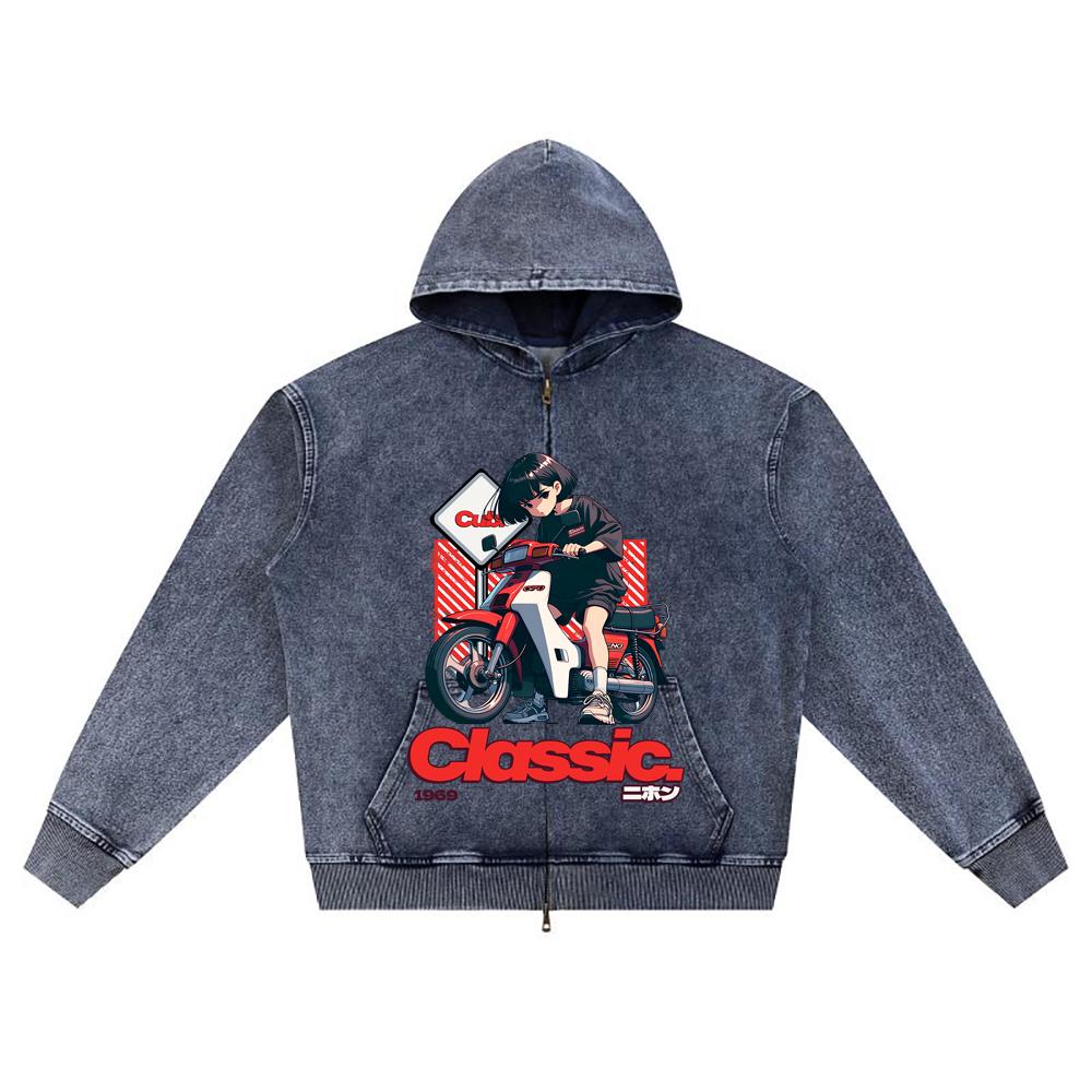 DTG print Knitted Denim Zip-Up Hoodie Manga Girl Rider Brother Print Zipper Hoodies  