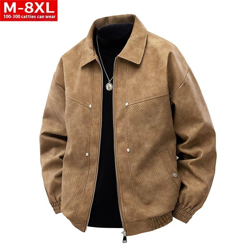 Cozy Up Men's Square Collar Motorcycle PU Leather Jacket Fat Plus Size Loose Casual Jacket