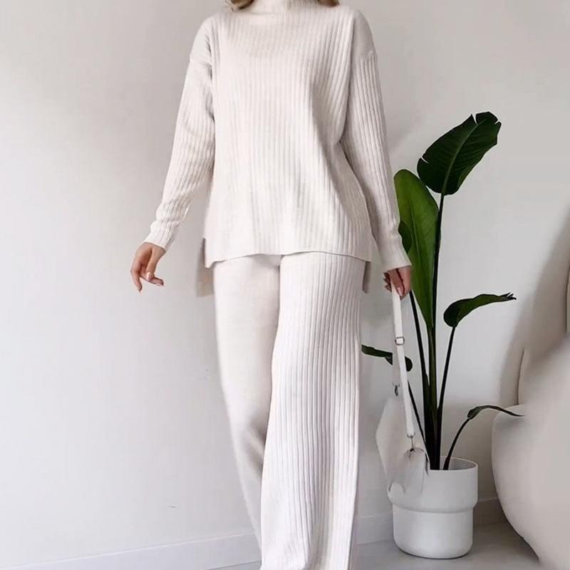 HNXC Two-piece Set of Women's Fashionable Casual Straight-leg Pants with A Loose and Elegant High-neck Tapered Knitted Suit
