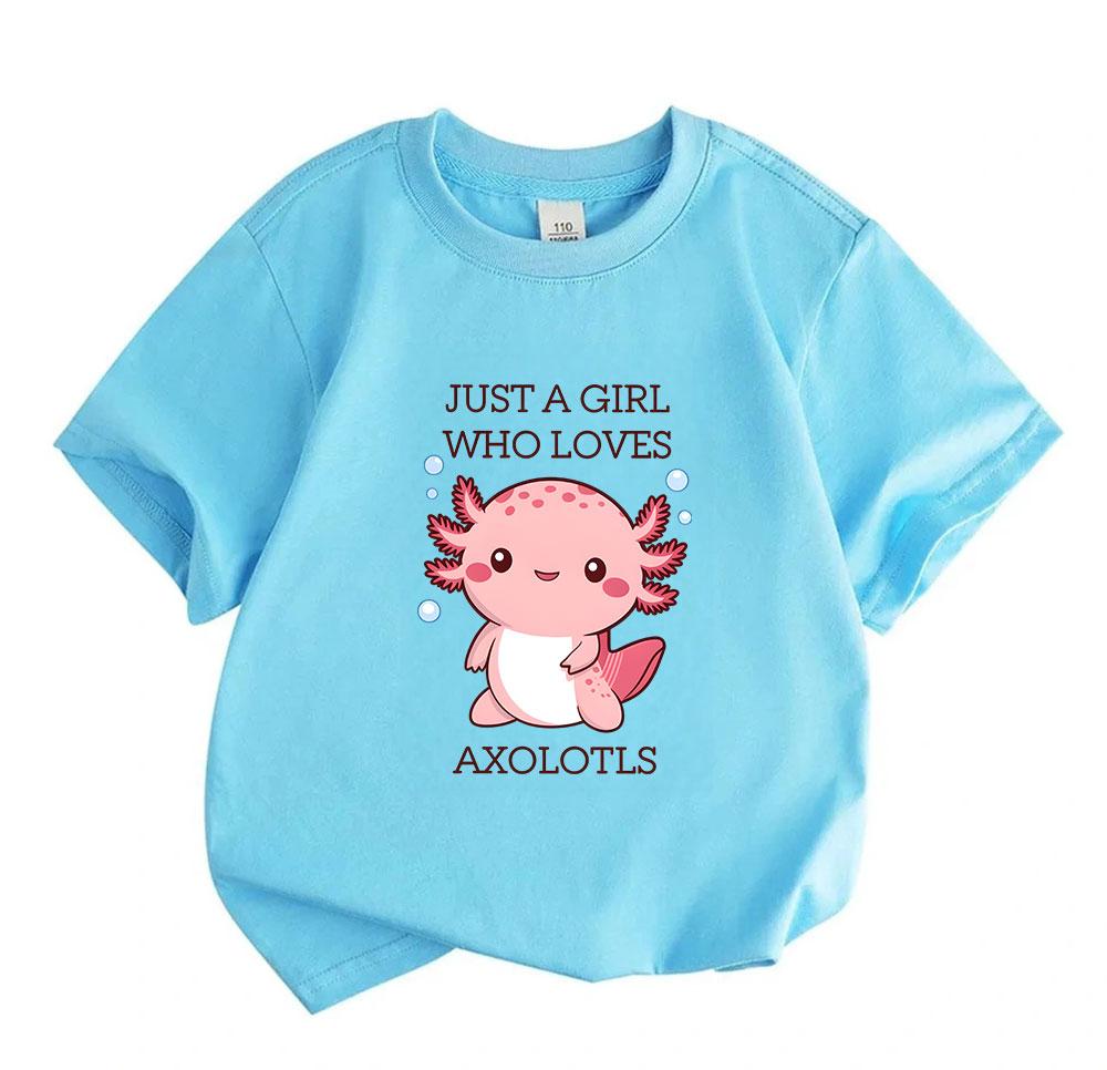 Kids Boys Girls 100% Cotton Crew Neck Short Sleeve T-Shirt, Cute Axolotl Print Just A Girl Who Loves Axolotls Casual Soft Funny Graphic Tee for Childr
