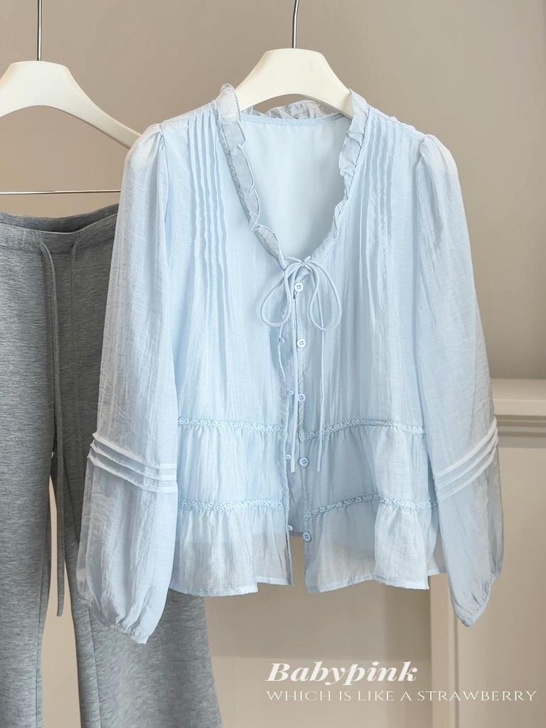 2026 Spring/Summer Women's French V-Neck Ruffle Tie-Up Loose Lantern Sleeve Shirt