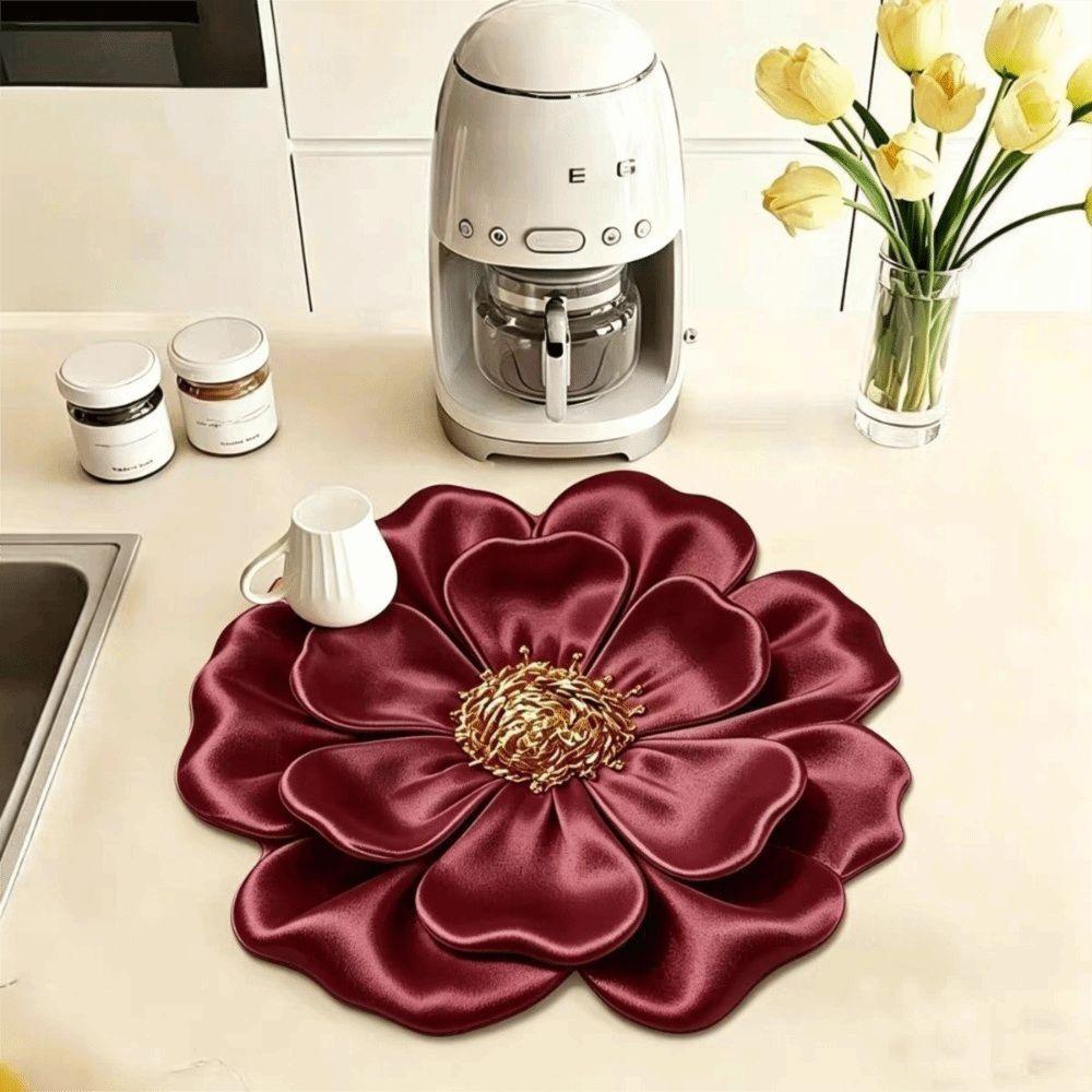3D Flower Design Dish Draining Mat Water Absorbent Flower Countertop Mat  Bathroom