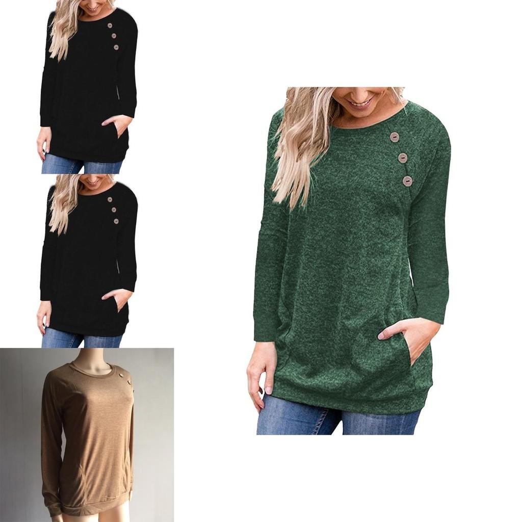 Stylish Women's Pullover Long Sleeve Solid Button Sweatshirt Top For Casual Wear