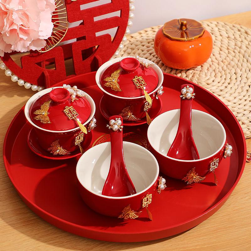 Double Happiness Butterfly Love Teacup Set: Wedding Bowls, Red Tea Set, Chopstick Pair, Dowry Gift