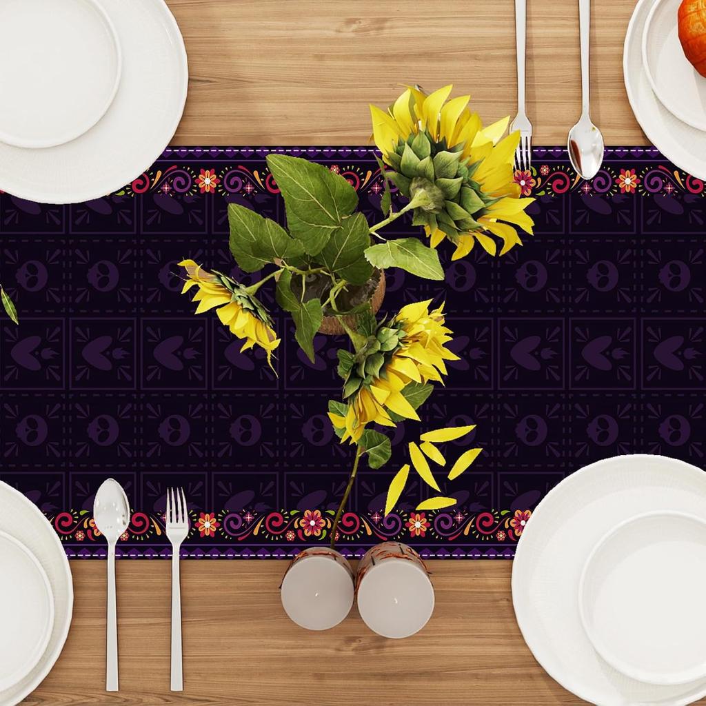 Day of The Dead Table Runner Dia De Los Muertos Tablecloth Mexican Halloween Sugar Skull Home Kitchen Dining Table Decorations 13x72 Inch