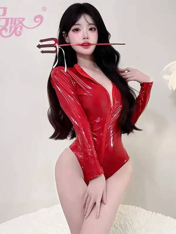 Sexy Patent Leather Pure Desire Style Bodysuits Zipper Open Crotch Small Chest Pure Desire Solid Color Bodysuits For Women Pipn