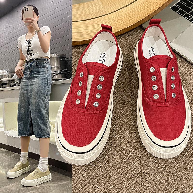 [Non-slip and wear-resistant] Thick-soled elastic one-pedal canvas shoes 2025 summer new versatile breathable casual and lightweight