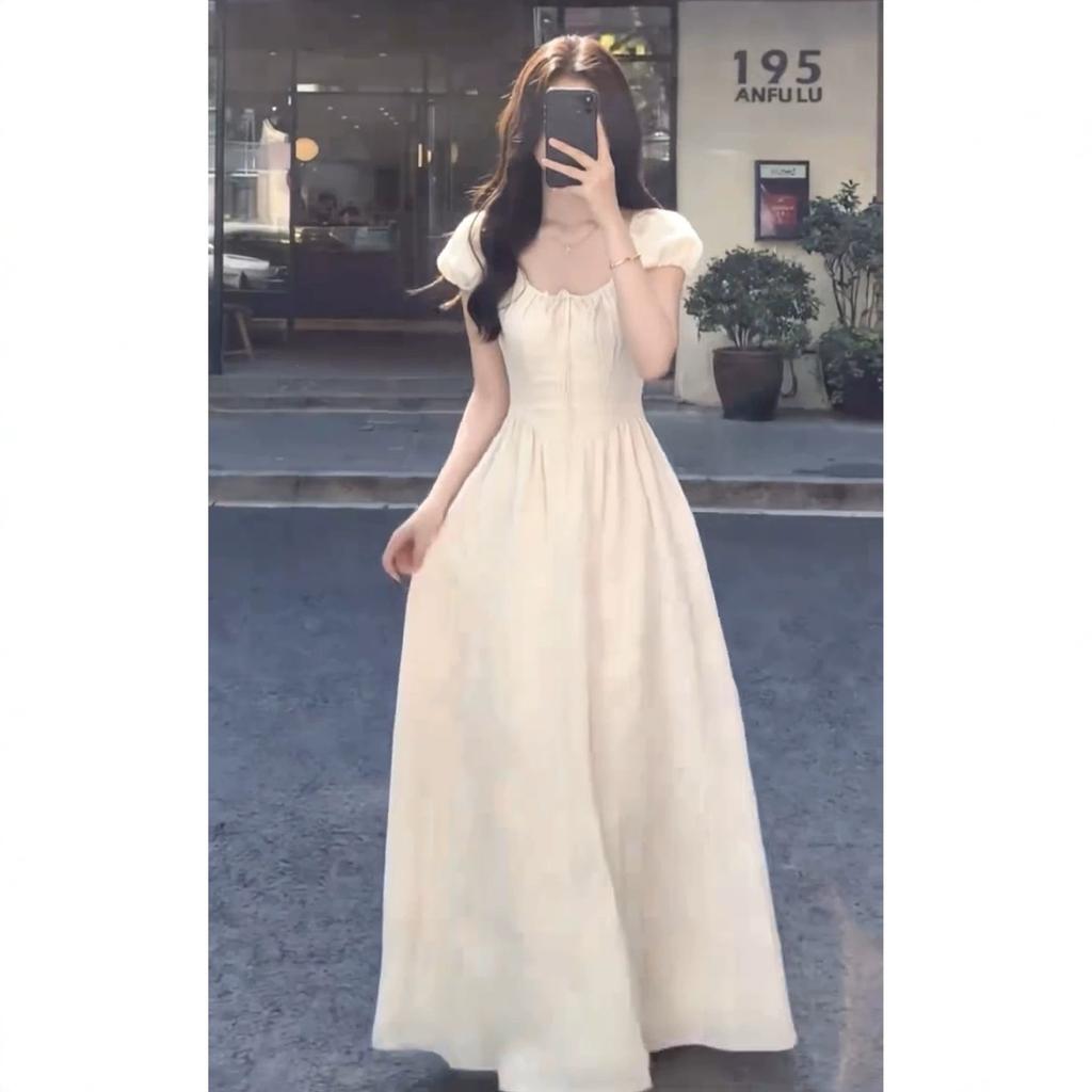 First Love white dress, French puff sleeve dress, women's summer new petite high-end long dress