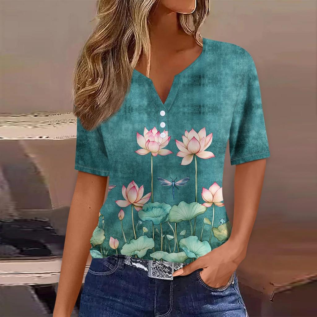 Tricou de damă Tricou imprimat cu buton cu mânecă scurtă, zilnic, la modă de weekend, de bază, cu decolteu în V, obișnuit