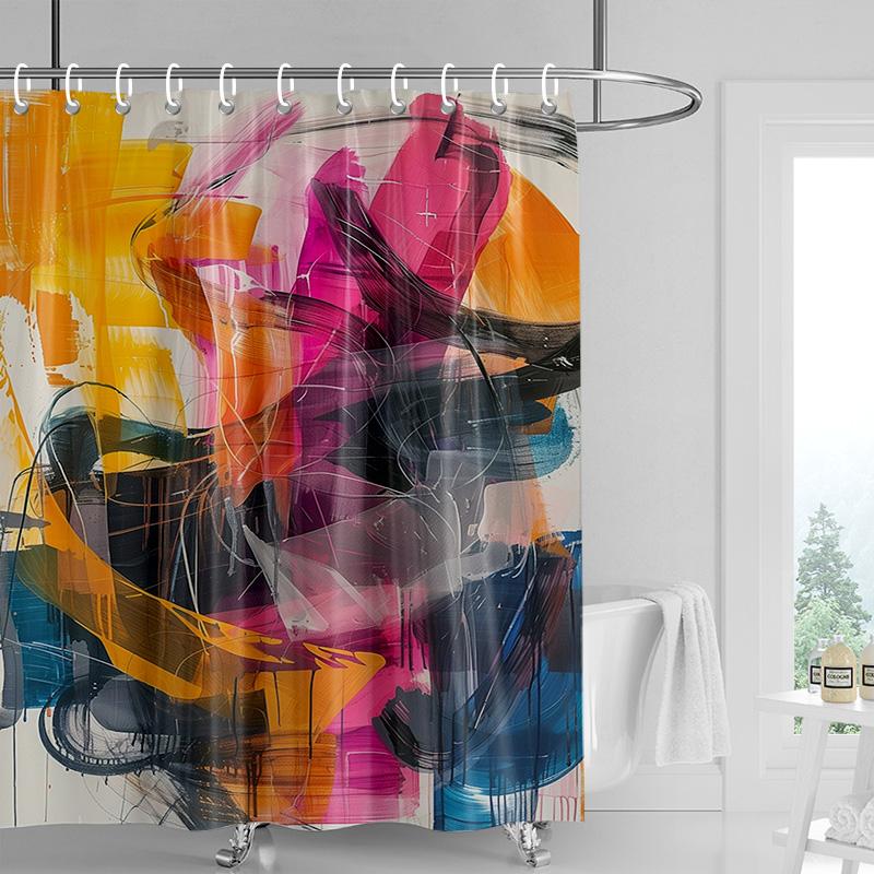 Graffiti Art Shower Curtain-Neon Splash Waterproof Bathroom Decoration with Handwritten Edge, Modern Bathtub Shower Curtain