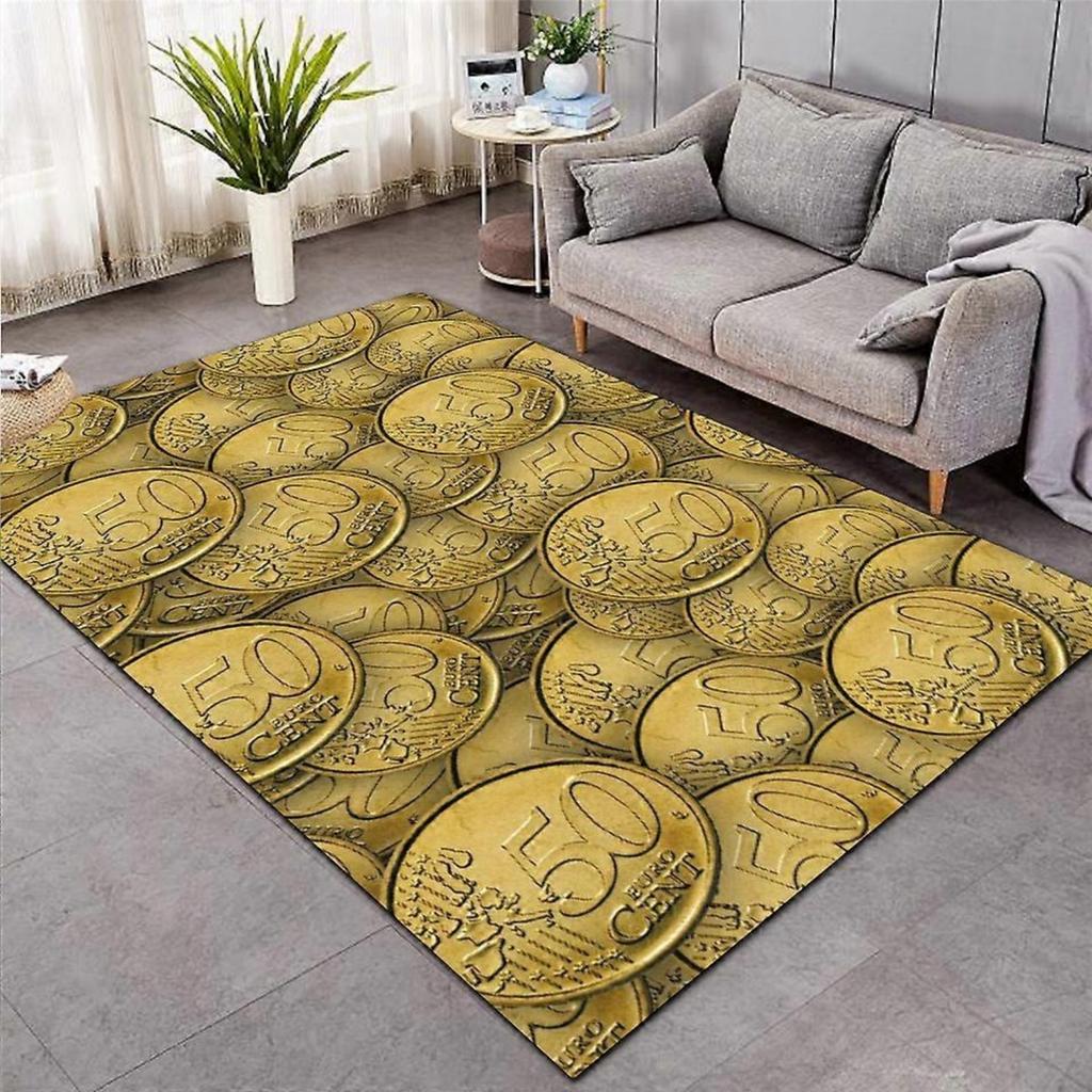 Living Room Rug 3D Gold Coin Wealth Theme Carpet Non-Slip Soft Easy To Clean Durable Trendy Fun Luxury Decor Area Home Decor Mat