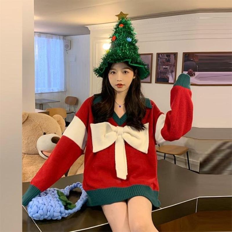 

Woman Christmas Sweater with Large Bow Decoration American Sweet Lady V-neck Knitted Shirt Elegant Women s Winter Top One Size червоний