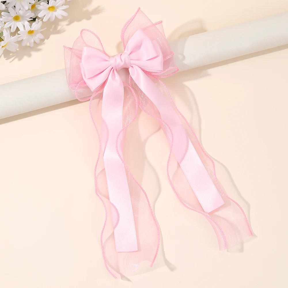 Girls Chiffon Bow Hair Clip Elegant Long Tail Ribbon Hairpins For Children Wedding Prom Daily French Headwear Hair Accessories