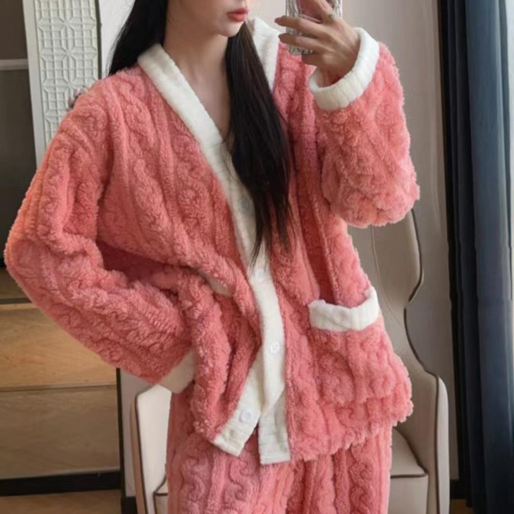 Warm Home Suit Cozy Winter Loungewear Set for Women Thermal Pajamas with V-neck Long Sleeve Tops Wide Leg Pants