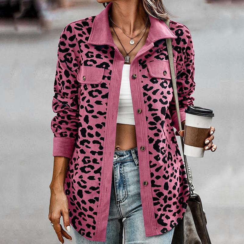 Modischer Jackenmantel mit Leopardenmuster für Damen, mit Kragen, langen Ärmeln, Knopfleiste, lässiger Mantel mit Tasche aus Cord, weich, bequem, lockere Herbst-/Winterjacke