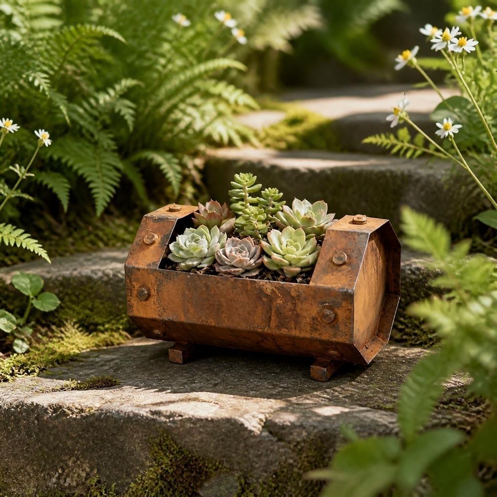 Vintage Style Indoor Outdoor Succulent Planter Tank Shape Metal Container Rustic Decorative Flower Pot for Home Garden Patio