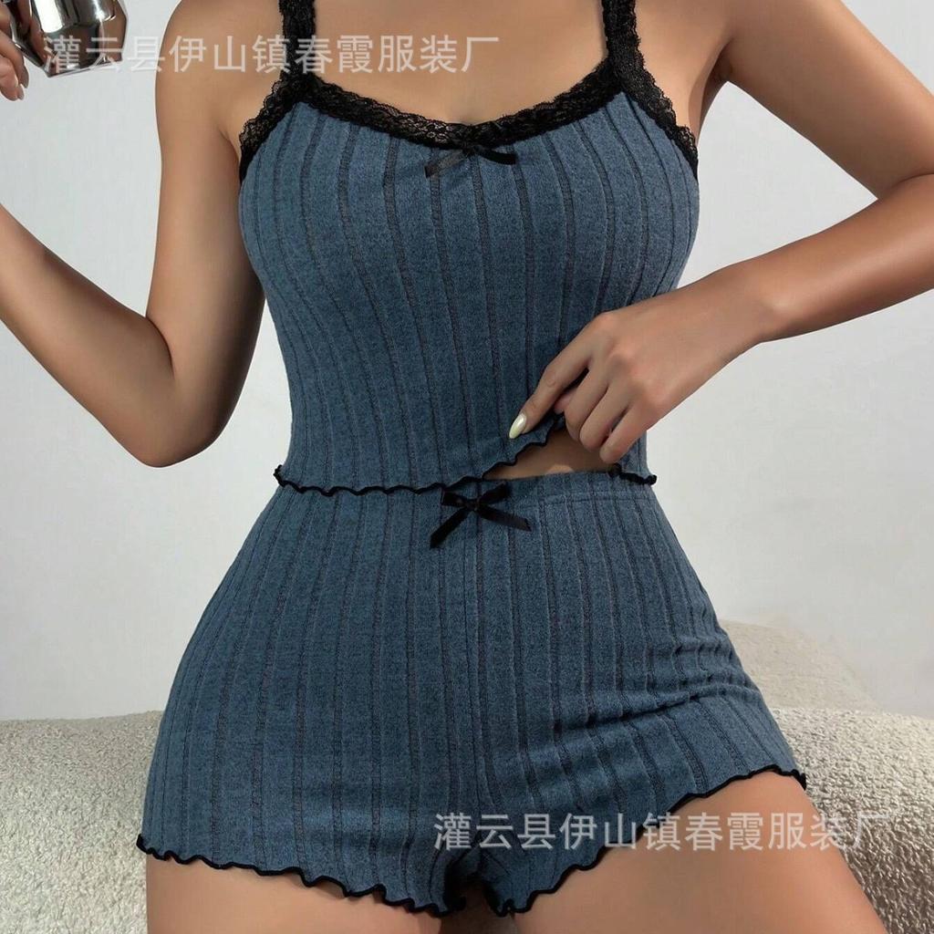 Large size pajamas women's sexy lace edge short-sleeved suspender shorts polished pit strip loungewear