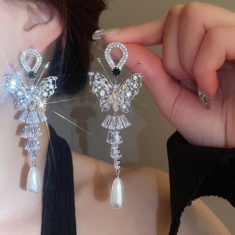 

Геометрические серьги с серебряными иглами, стразами и жемчугом - Элегантный французский ретро-стиль