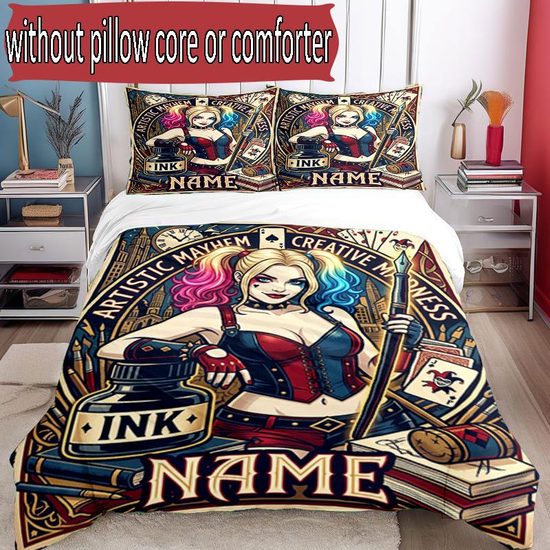 3pcs Duvet Cover Set (1*Duvet Cover + 2*Pillowcase, Without Core), Custom Name Harley Quinn Pattern Bedding Set, Home Bedroom Decor Gift