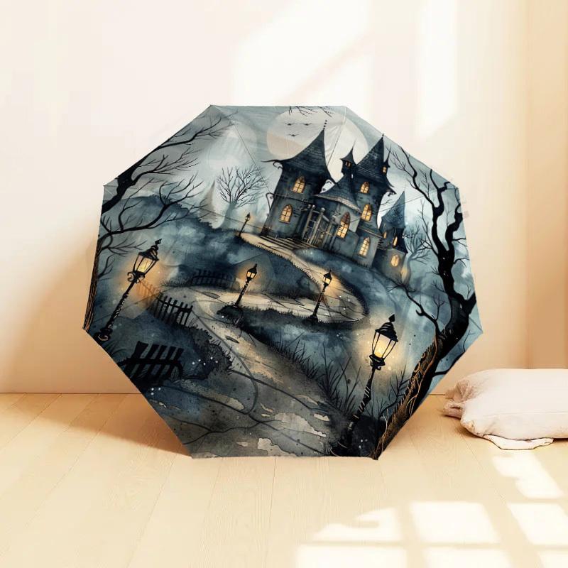 1pc Haunted House Spooky Night Pattern Umbrella Automatic Opening and Closing Umbrella, High-quality Travel Umbrella, Lightweight and Portable, -43