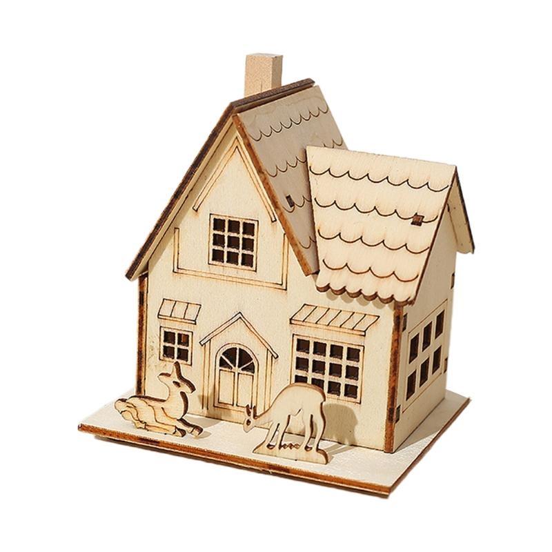 Christmas Mini Hosue Ornament Wooden Xmas Tree Elk Crafts Supplies