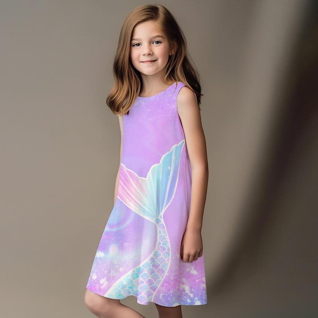 Girls' Dress Sleeveless 3D Shiny Fish Tail Print Summer Spring Daily Cute Casual Sweet Kids A Line Dress Tank Dress Sleeping Good Night Dress