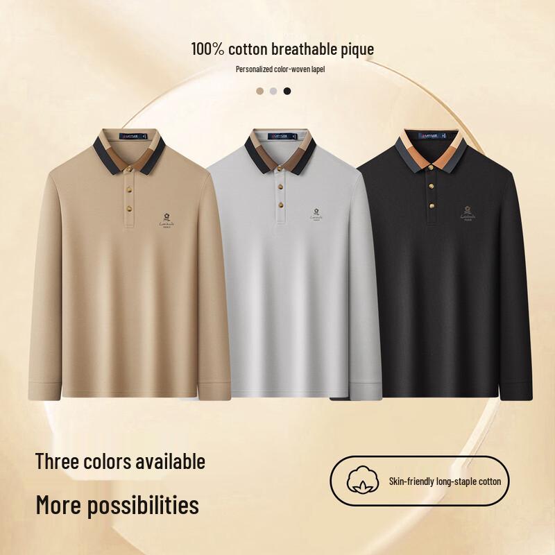 MONTAGUT Pánské prodyšné bavlněné polo triko s dlouhým rukávem a výšivkou z dvojitého piké