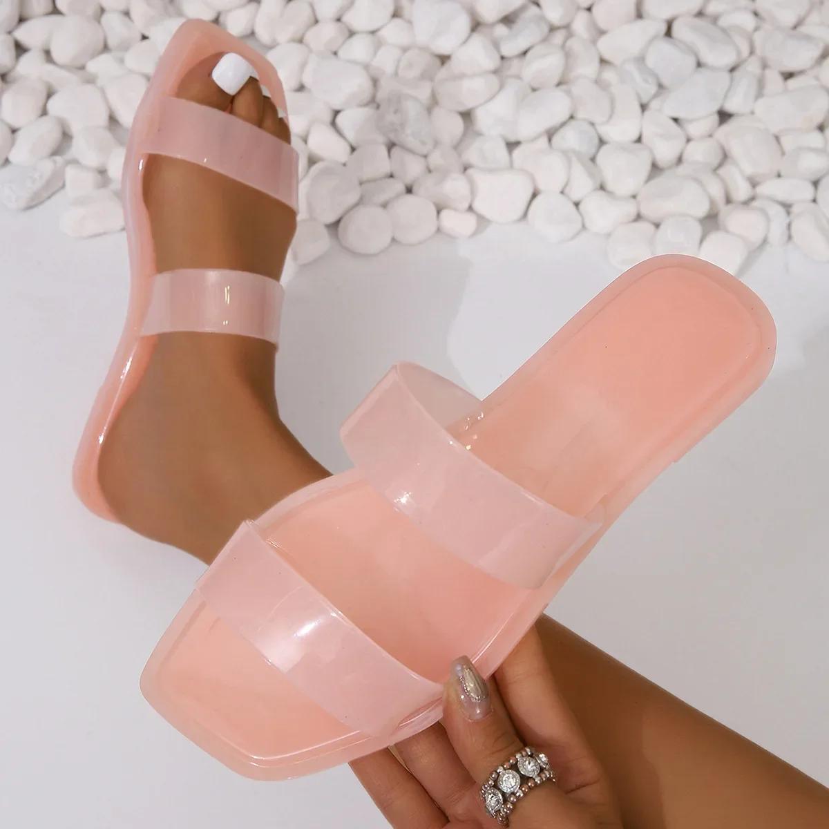 

Модные прозрачные шлепанцы с квадратным носком для женщин 2025, желейные шлепанцы конфетных цветов, повседневные шлепанцы с открытым носком на плоской подошве, женские слайды из ПВХ, пляжная обувь 36