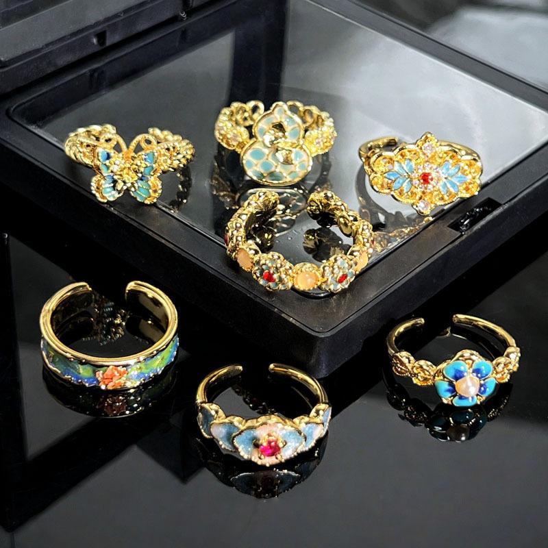 Medieval Style Colored Enamel Butterfly Flower Golden Light Color Open Ring Women's Fashion Niche Temperament Light Luxury Ring
