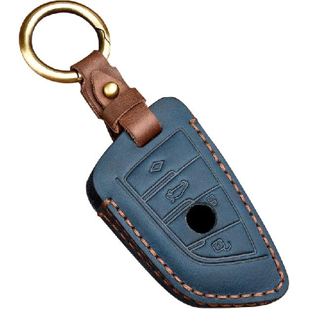 OLLEN  Leather No Screws Key Fob Cover Fit for BMW 5 6 7 Series X1 X2 X3 X5 X6 GT Series etc, Blade Shape, Brown