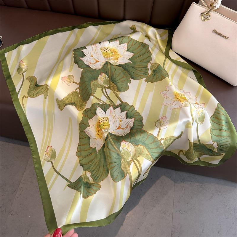 New Retro Floral Print Silk Square Scarf for Women Soft Satin Kerchief Hairband Head Hijab Female Headband Handle Bag Ribbions