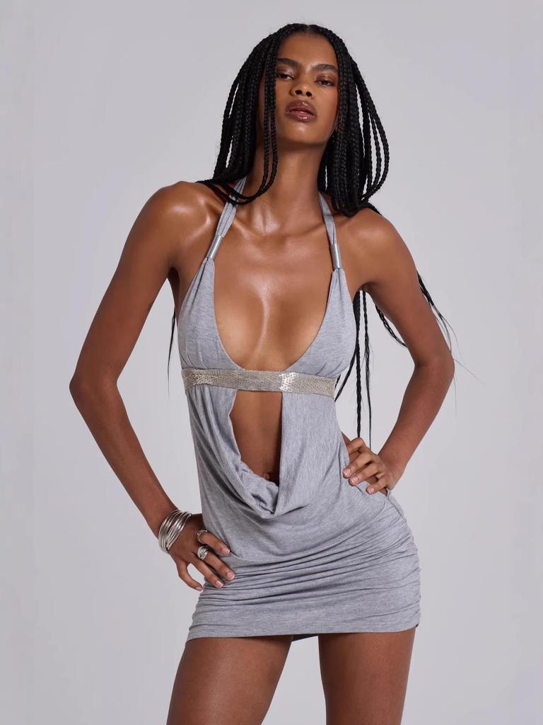 2026 Summer Women's Fashion Solid Color Halter Deep V-Neck Bodycon Dress