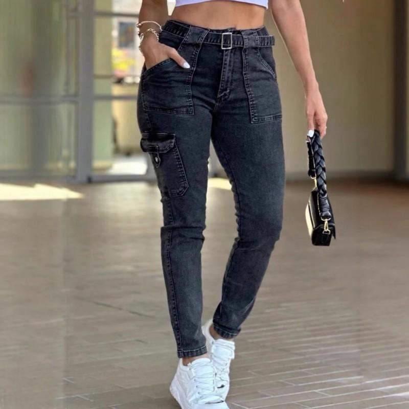 Pantaloni Skinny in Denim Lavato Nero ad Alta Elasticità da Donna a Vita Media Slim Fit Casual Streetwear