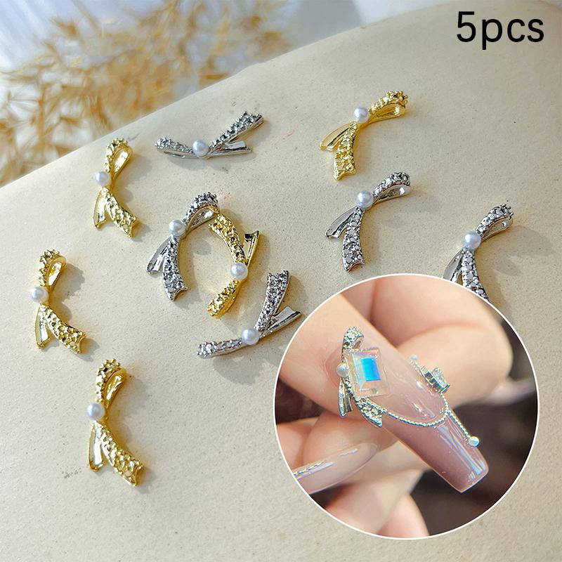 5Pcs Vintage Simple Mini Gold And Silver Bow Pearl Inlaid Bowknot Alloy Nail Art Design  Decorations Manicure Charms