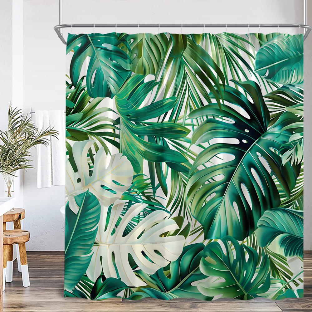 Tropical Leaf Shower Curtain Green Leaves Tropics Jungle Flower Floral Bathroom Decor Plants Polyester Bathtub Curtain with Hook