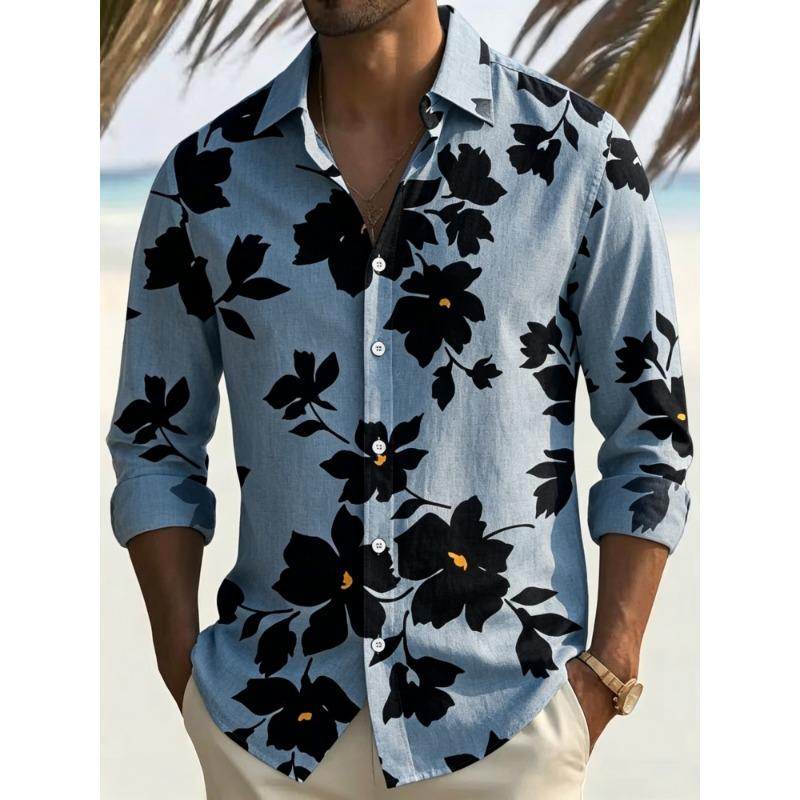 Herrenbluse mit Blumenprint, langen Ärmeln und Kragen für Urlaub und Freizeit, Strandreise-Trend, Herrenbekleidung